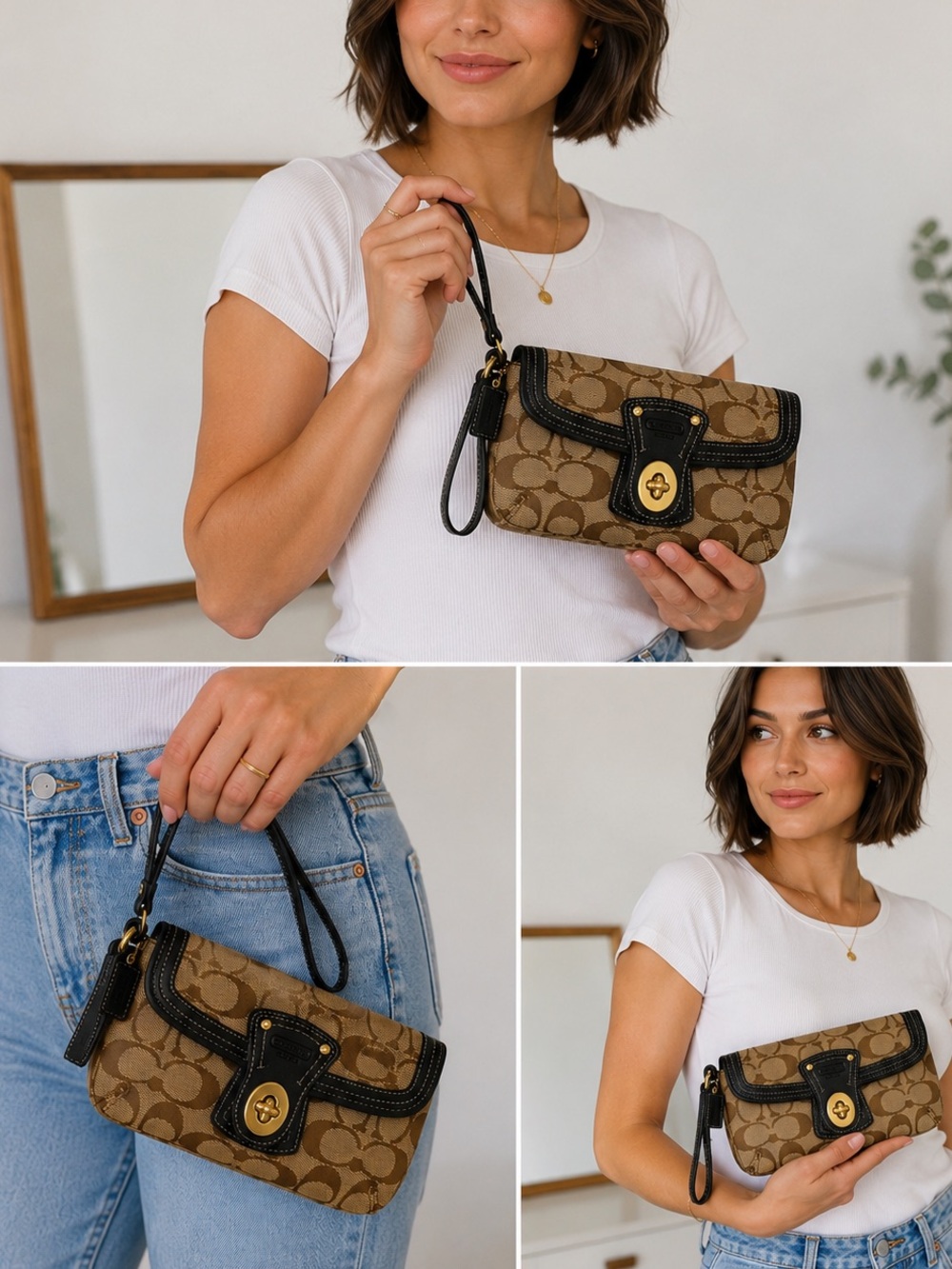 Coach Signature C Turnlock Wristlet Clutch Khaki Brown Black Gold Hardware